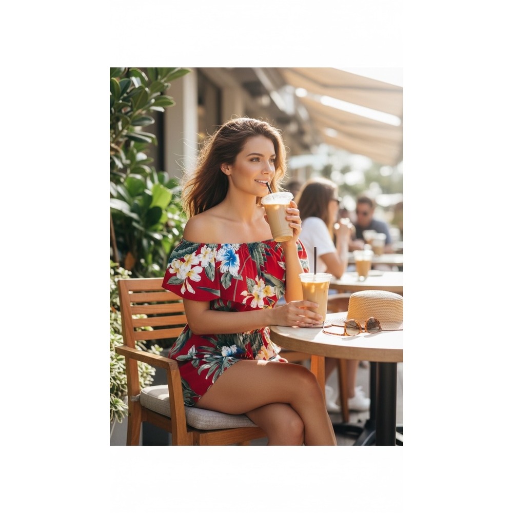 Uluwatu Red Tropical Floral Off The Shoulder Romper Womens Medium Summer Beach